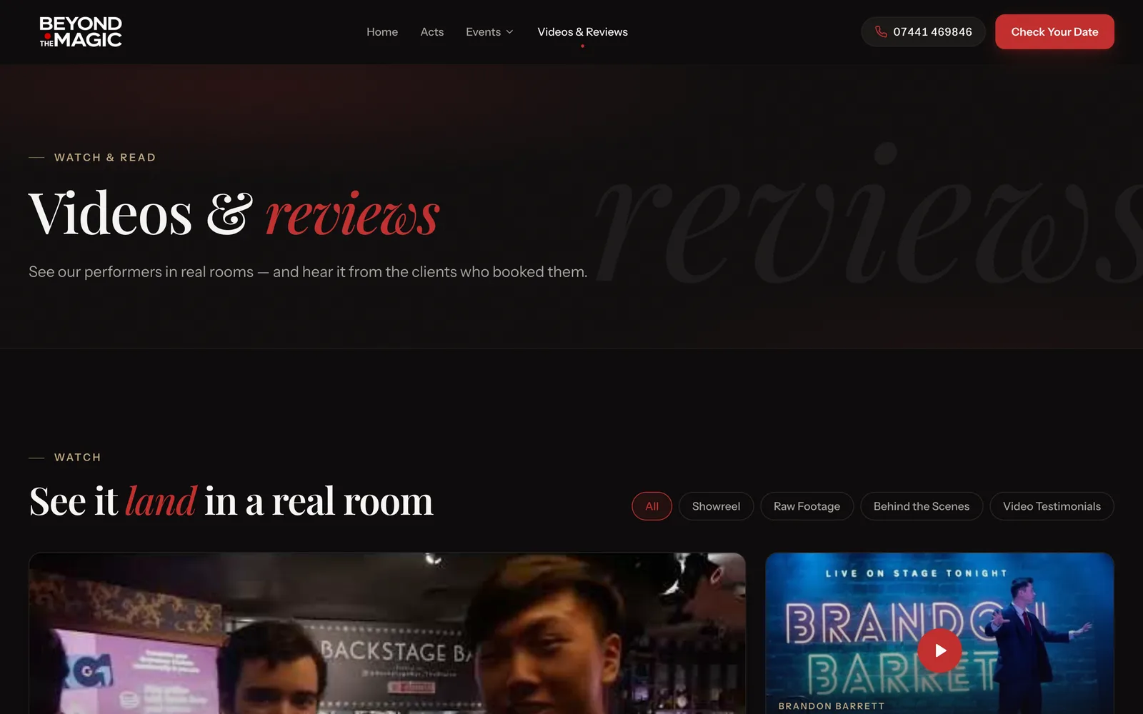 Showreels, footage and client reviews collected in one filterable place.