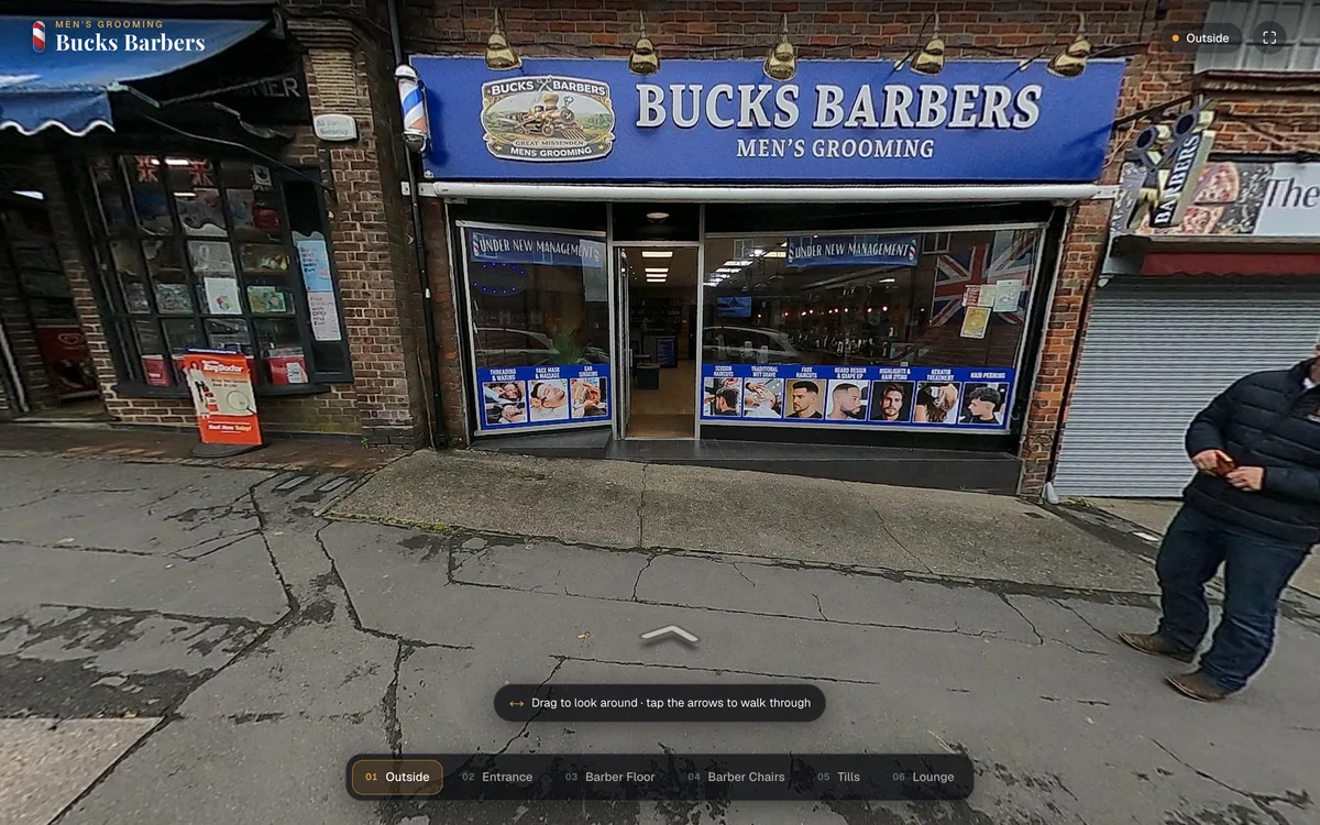 The Bucks Barbers 360° virtual tour — the Great Missenden shopfront, with tour stops along the bottom