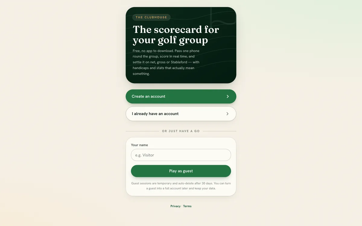 The app landing screen — create an account, sign in, or play as a guest