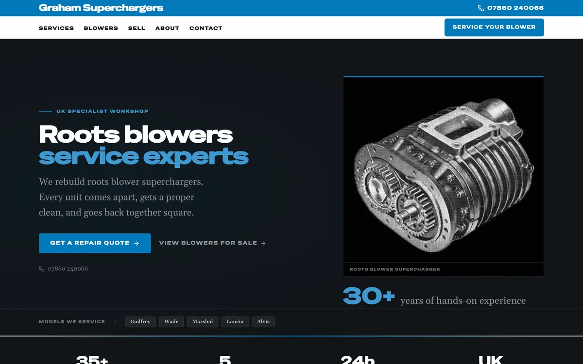 The Graham's Superchargers site — "Roots blowers service experts" hero with a supercharger photograph