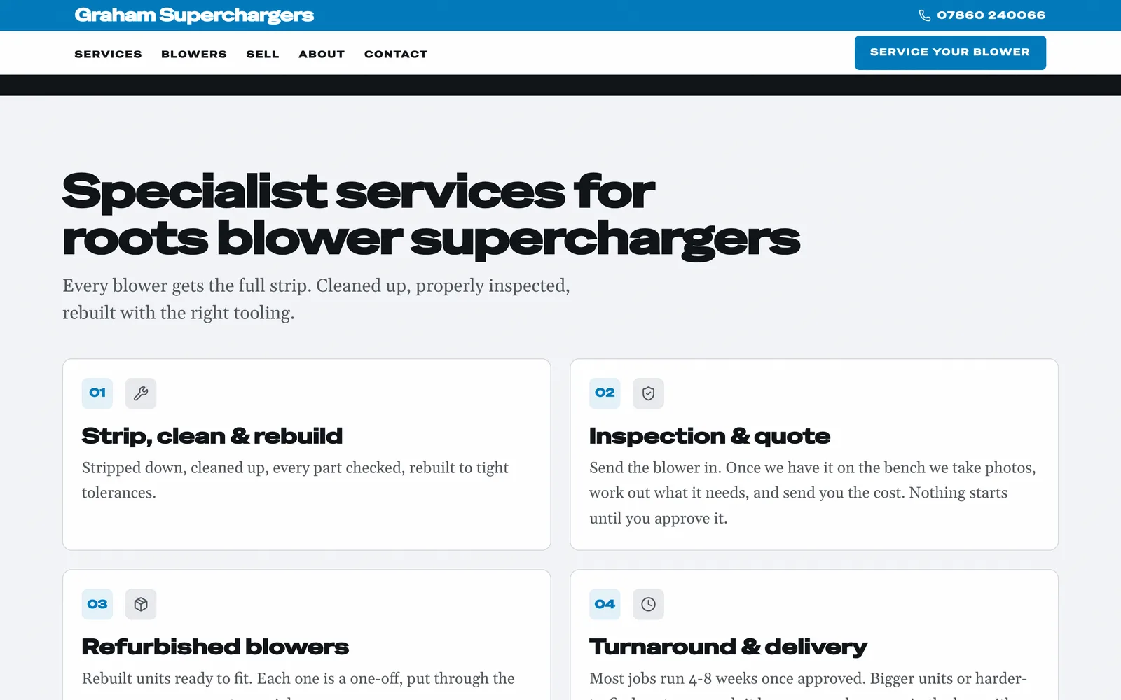 The service, step by step: strip & rebuild, inspection & quote, refurbished blowers, turnaround & delivery.